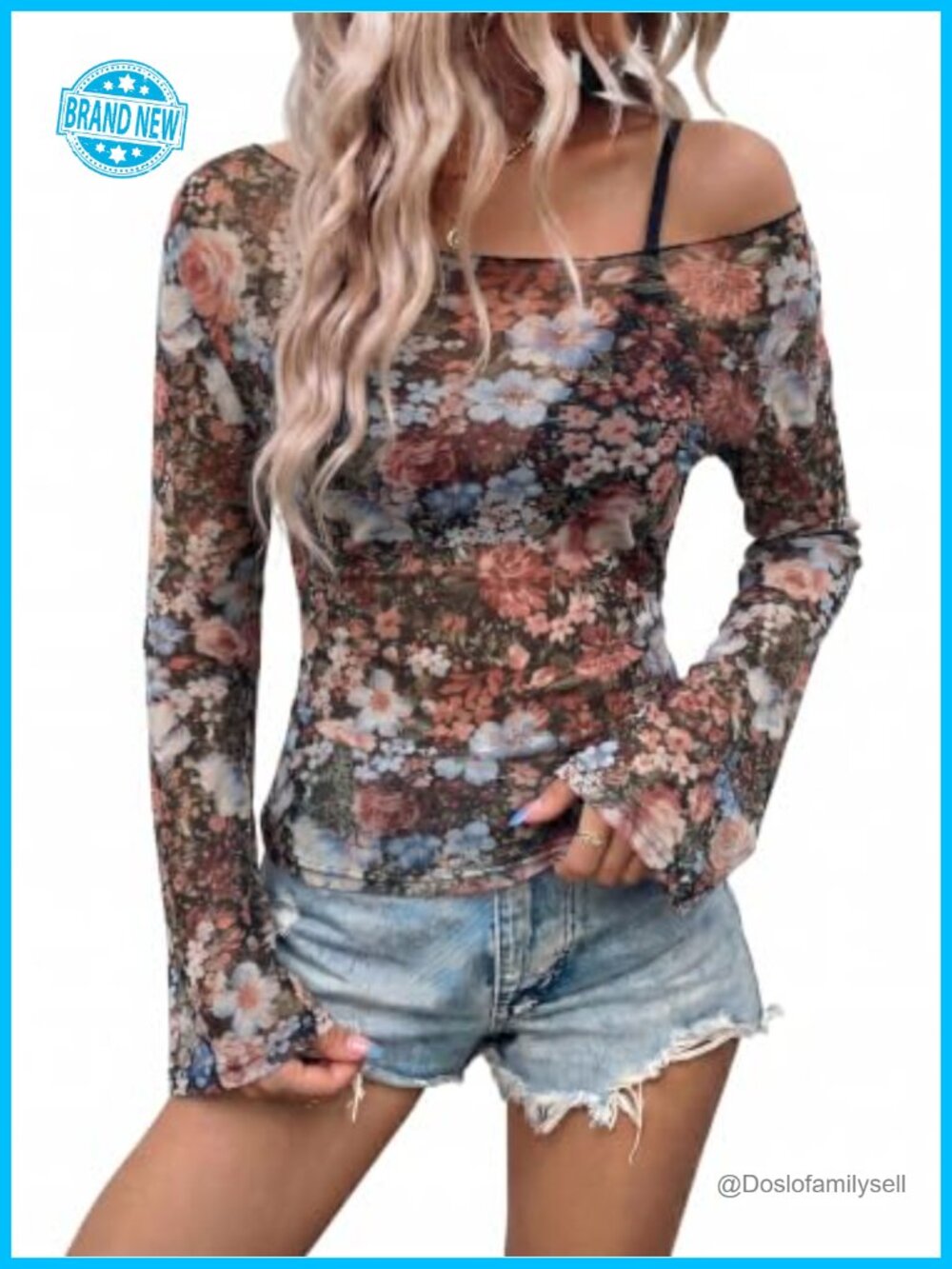 Women Mesh Sheer Blouse Boat Neck Flare Long Sleeve Slim Fit Ruched Waist Top